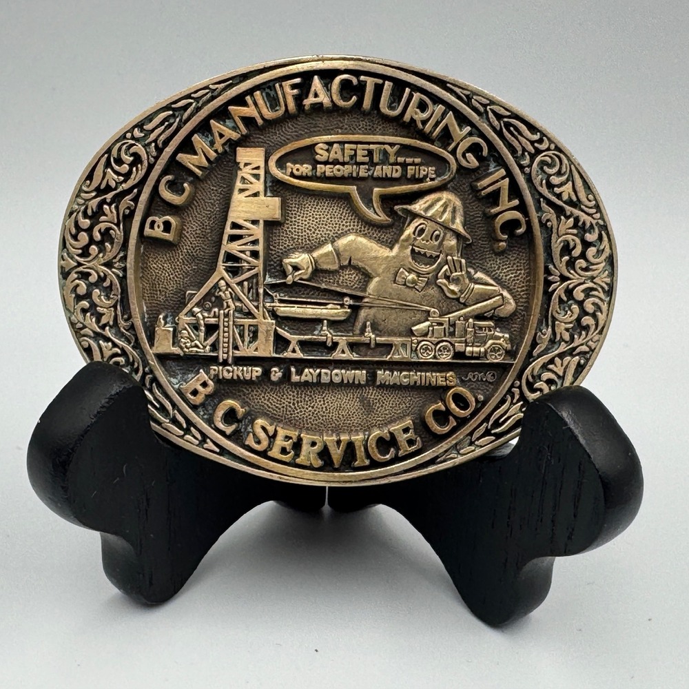 Vintage BC Manufacturing Inc Solid Brass Belt Buckle Award Design Medals Oil Gas